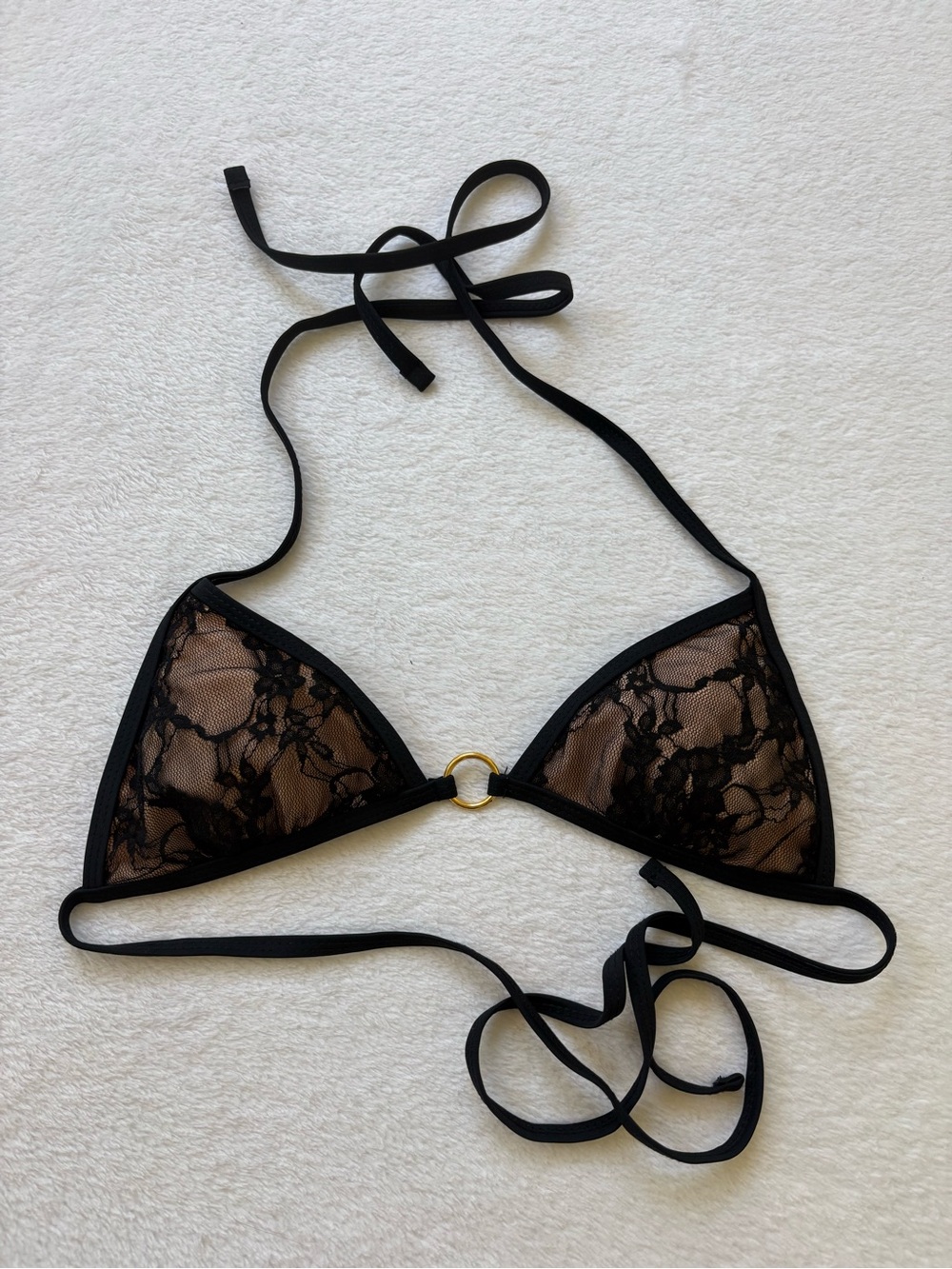 Black Lace Mesh Triangle Bralette with Gold Ring